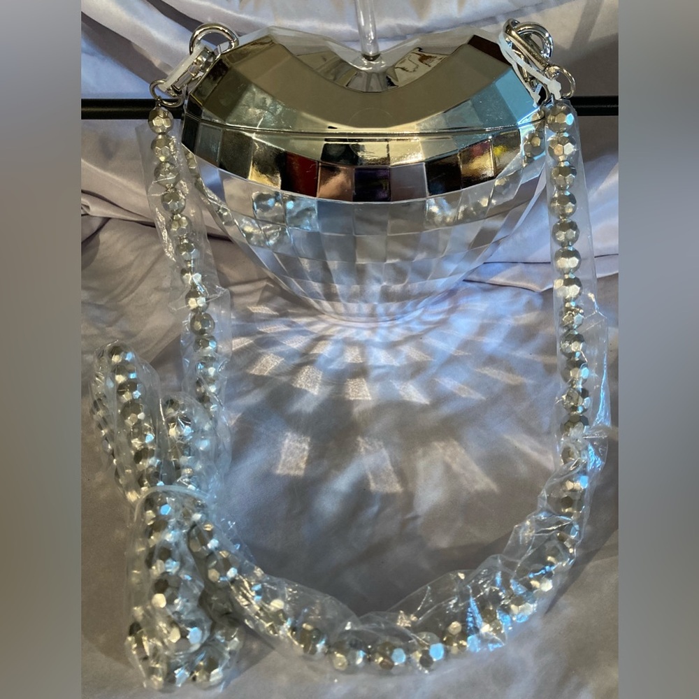 Silver Disco Heart PERSONAL BEVERAGE HOLDER w/ Cross Body Strap and Straw